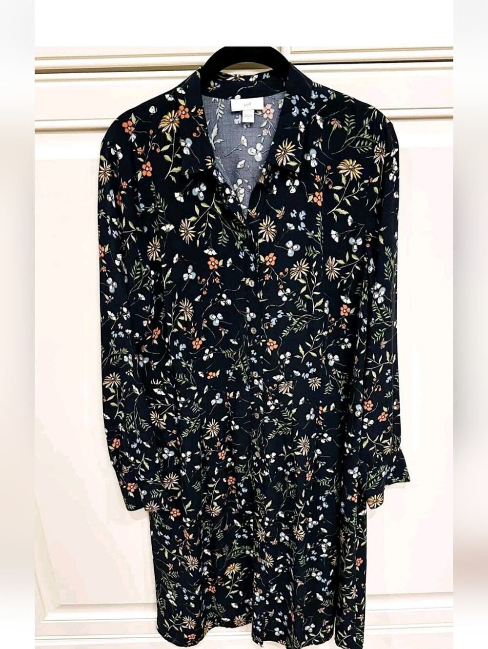 J.Jill Women’s Dark Navy Floral Long Sleeve Midi Shirt Dress Size Small - Picture 6 of 12